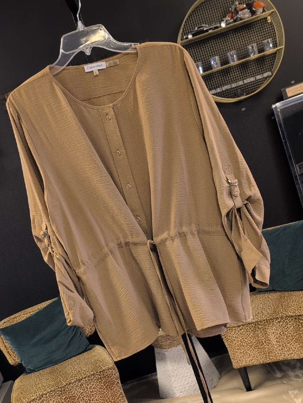 Calvin Klein Relaxed Drawstring Button-Front Blouse — Brown